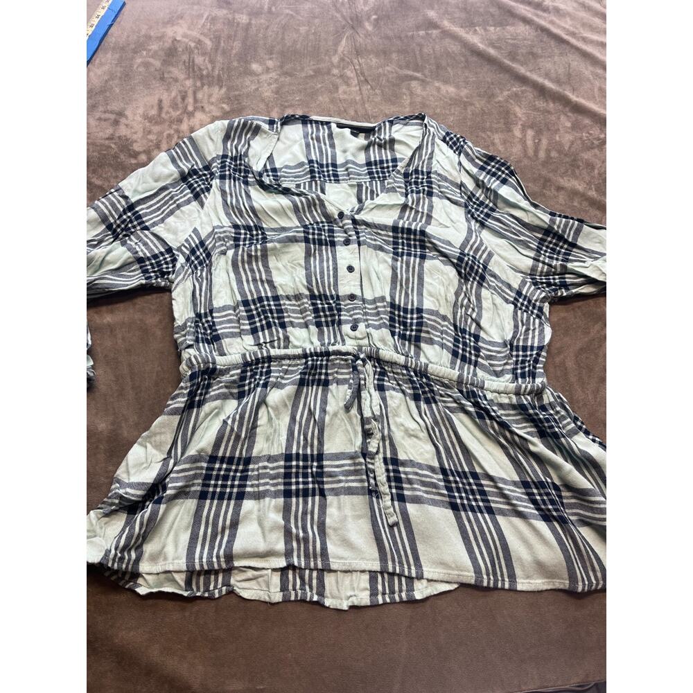 Lane Bryant 18 1X Plaid Cinched Waist Drawstring Chiffon Long Sleeve Top Womens